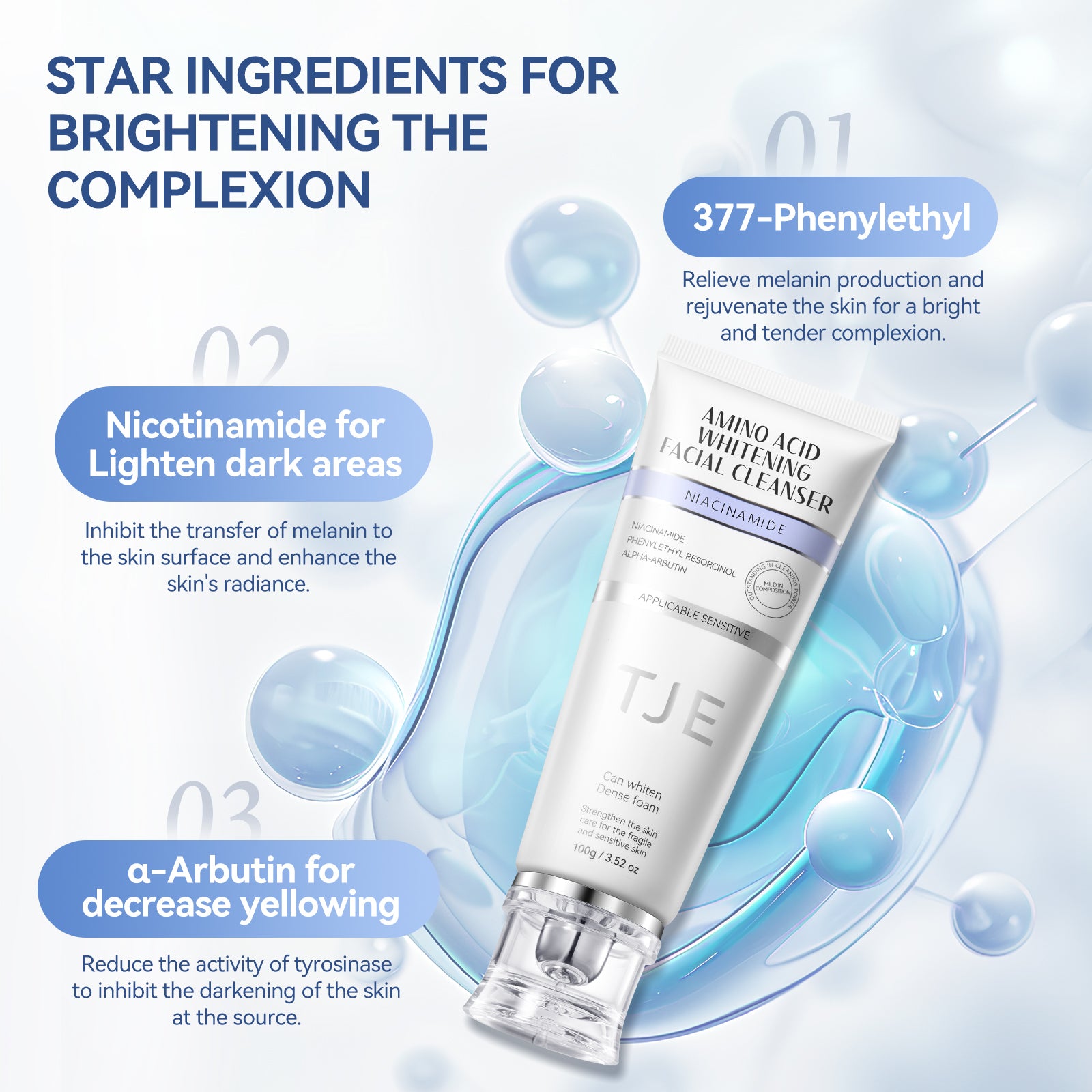 TJE Amino Acid Brightening Facial Cleanser - Anti-Aging, Whitening, and Hydrating Formula with Lauryl Glutamic Acid, Niacinamide for Oily Skin and for Sensitive Skin